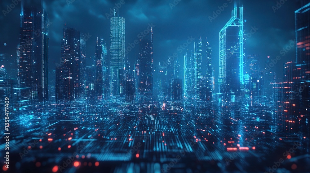 Poster abstract tech city with glowing data grid in futuristic landscape