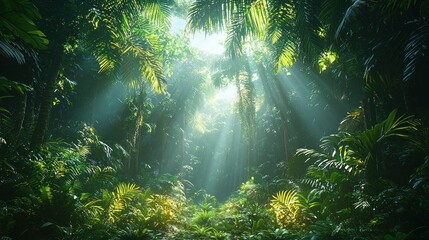 Fototapeta premium Sunbeams illuminate lush, green tropical jungle foliage.
