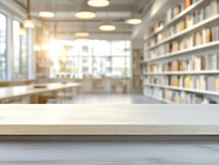 Empty Wooden Table Library Interior.