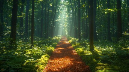 Obraz premium Sunbeams illuminate a path through a misty green forest.