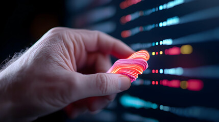 Hand Interacting With Glowing Pink And Red Data Visualization On A Dark Screen