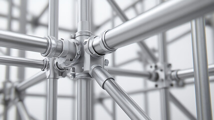 Close Up Of A Silver Metallic Scaffolding Structure Against A White Background Showing Detailed Connections And Geometric Patterns