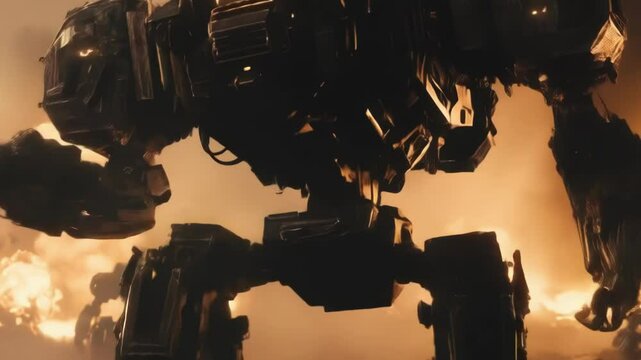 Advanced robotic machines marching through smoke filled battlefield, unleashing destructive power during intense futuristic war scenario with explosive combat environment