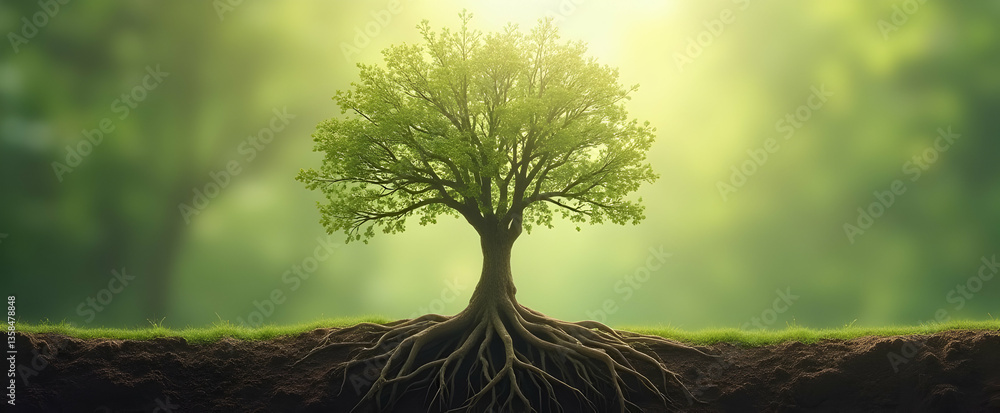 Poster tree with visible roots set against a blurred green background.