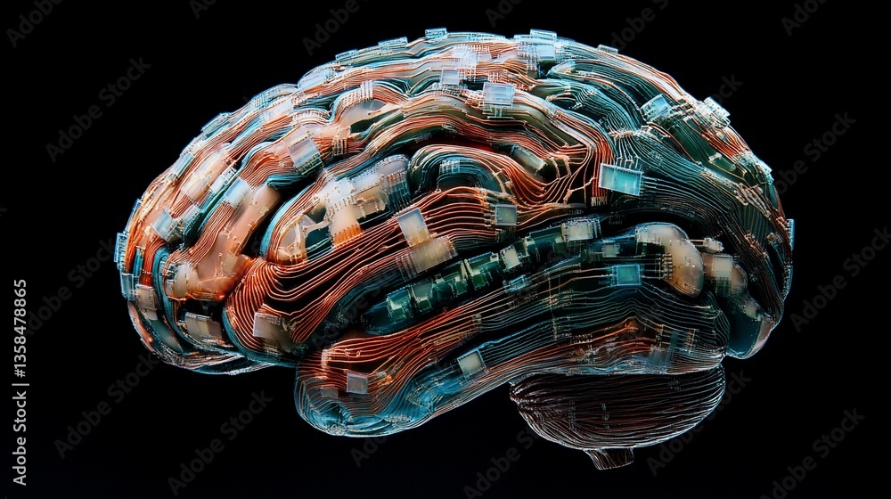 Poster artificial intelligence: digital brain concept with circuitry details
