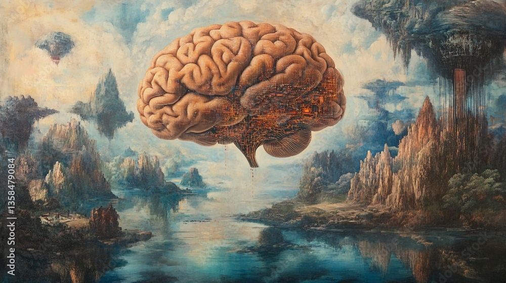 Poster surreal landscape with floating brain: the intersection of mind and nature