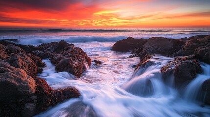 Obraz premium Dramatic Sunset Over Rocky Coast with Crashing Waves and Serenity