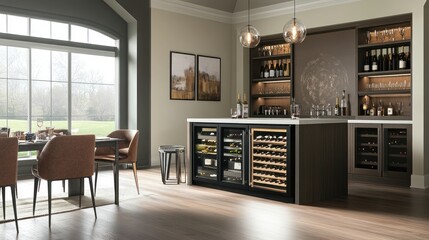 Luxury home bar with wine storage, dining area, and large window overlooking a garden.