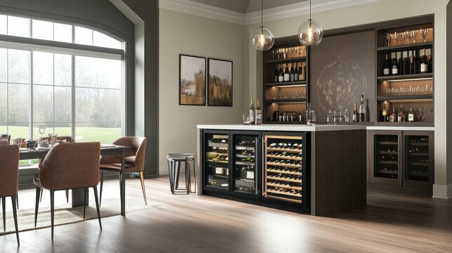 Luxury home bar with wine storage, dining area, and large window overlooking a garden.