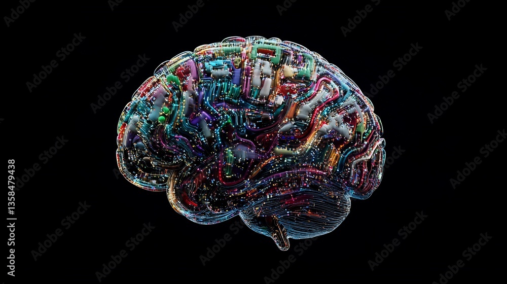 Poster intricate circuit board brain on black background for artificial intelligence