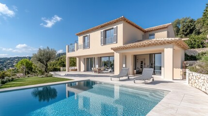 Fototapeta premium Luxury villa with infinity pool, landscaped garden, and stunning panoramic view.