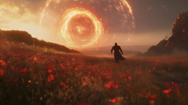 A warrior unleashes a powerful energy blast creating a surreal vortex that disrupts nearby flora causing flowers to bloom and wither simultaneously illustrating the fluidity and chaotic