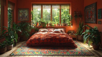 Sunlit bohemian bedroom with terracotta walls, patterned bedding, and abundant indoor plants.