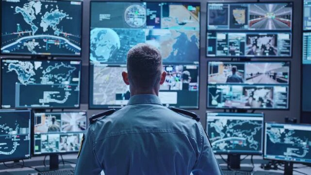 Male operator in uniform observing multiple digital screens displaying global maps, surveillance feeds, and data visualizations in a high-tech control room
