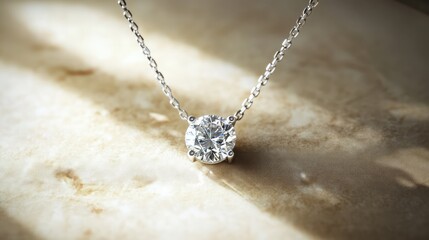 A sparkling diamond necklace placed on a smooth light-colored surface, offering plenty of clean space for elegant product visuals.
