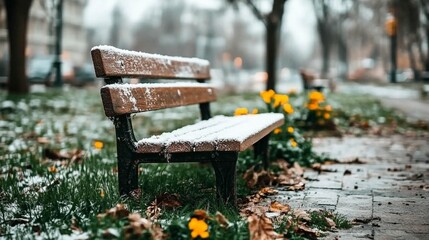 Naklejka premium Snow-covered park bench with yellow flowers.
