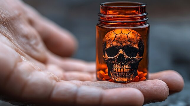 A hand holds a small amber bottle containing pills with a skull graphic