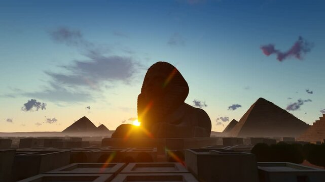 Egyptian pyramids on the Nile River at sunset