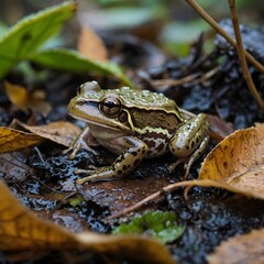 Obraz premium Hidden in Nature: Chorus Frog Blends with Fallen Leaves and Twigs