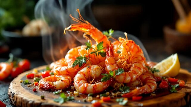Steaming hot prawns served on a rustic wooden board, with lemon slices on the side for a delicious touch
