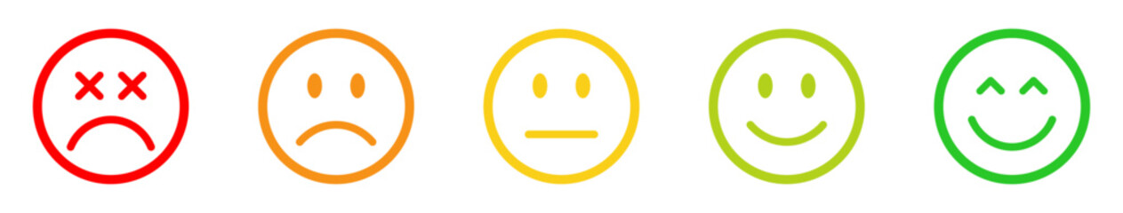 Fototapeta premium Rating emoji set. Feedback emoticons collection. Feedback and rating emoji set with white background. Very happy, happy, neutral, sad and very sad emojis icon set. Emoji, feedback, rating emoji.