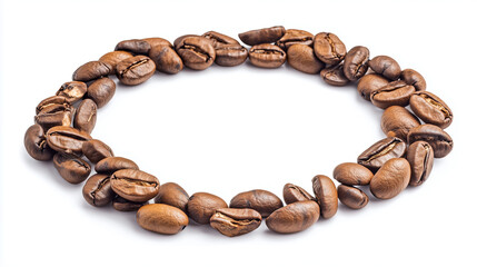 Coffee beans arranged in a circular pattern on a white isolated background