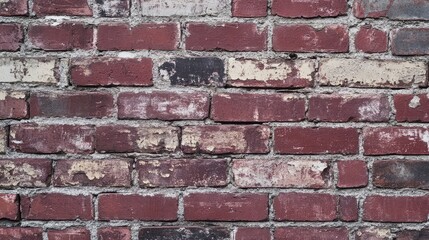 Fototapeta premium Exposed red brick wall with chipped mortar and aged surface. A bold and urban-inspired background with depth.