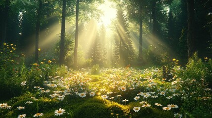 Obraz premium Sunbeams illuminate a misty forest clearing filled with daisies.