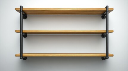 Modern wooden and metal frame wall shelves on a light neutral wall, industrial chic decor.