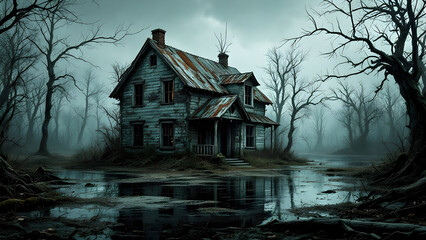 Abandoned Haunted House in Foggy Swamp with Dead Trees &ndash; Eerie Horror and Mystery Concept