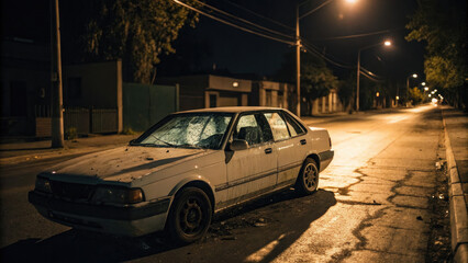 Fototapeta premium Damaged car with shattered windshield and scratched paint parked on a quiet street, depicting vehicle accident aftermath and insurance claim scenarios.