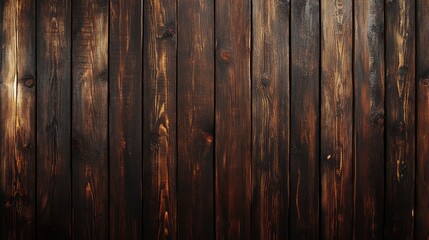 Obraz premium Rustic wooden wall with aged, dark brown planks, visible knots, and rich natural grain texture, perfect for a vintage or country-style background.