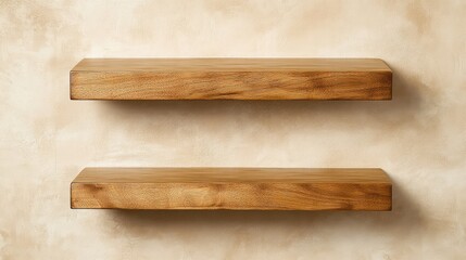 Obraz premium Simple light wood wall shelves mounted on a beige stucco wall, natural and modern setting.