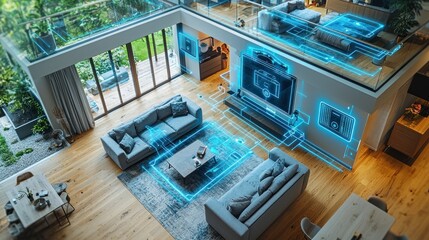 Smart home technology interface overlay on modern house interior.
