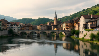Obraz premium Beautiful european town landscape with bridge river and architecture scenery for travel tourism europe