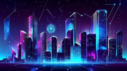 Futuristic cityscape with glowing buildings under a starry night sky and digital lines