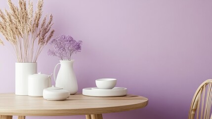 Subtle pastel lavender wall with smooth texture, creating a peaceful and empty space for minimalistic elements.