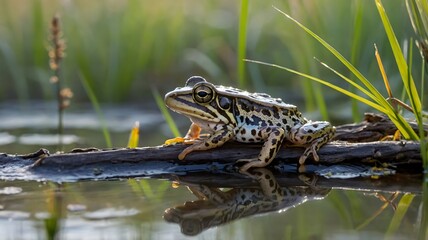 Naklejka premium Quiet Wetland: Pickerel Frog on a Log Amidst Grasses and Cattails in the Mist