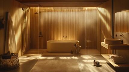 Warm caramel-colored wooden panel bathroom wall with vertical slats and a cozy, contemporary vibe.