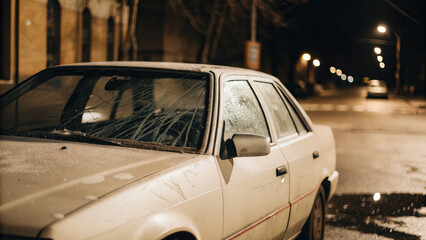 Damaged car with shattered windshield and scratched paint parked on a quiet street, depicting vehicle accident aftermath and insurance claim scenarios.