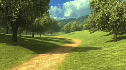 Fototapeta premium Serene Countryside Path: A digital painting of a tranquil path winding through a lush green landscape under a bright summer sky, creating a peaceful and idyllic scene.