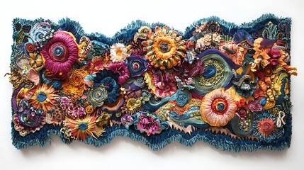 Studio-lit wall hanging art made with colorful latex fibers, featuring mixed ornate patterns