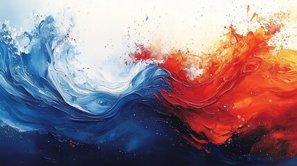 Abstract painting of contrasting colors, depicting a dynamic interplay of blue and red waves.  The vibrant hues and fluid textures evoke a sense of energy and motion