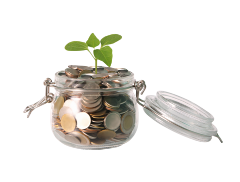 Growing wealth through savings a glass jar with coins and a plant indoor setting financial growth concept