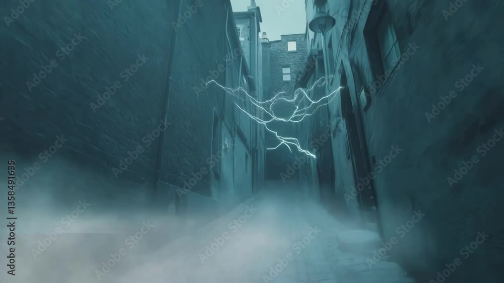 Poster a darkened alleyway between modern buildings where glowing neuroninspired arcs of light pulse softly