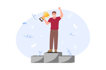 A vector illustration of a man celebrating his victory on a podium with a trophy, perfect for success, achievement and competition themes.