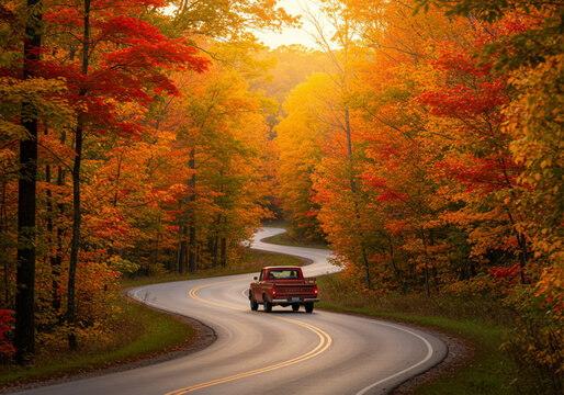 Curving road surrounded by a dense autumn forest with golden leaves, ideal for travel and nature concepts. - Powered by Adobe