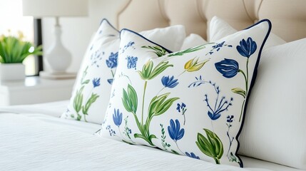 Two floral patterned throw pillows on a bed.