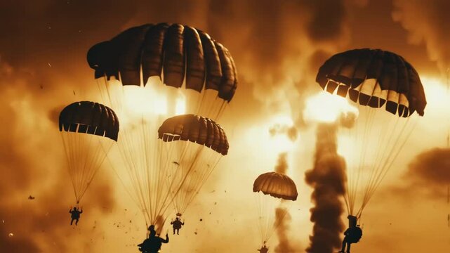 The battleships advanced weaponry fires at enemy positions while deploying a cascade of parachuteequipped shock troopers each one gliding down amidst a haze of falling artillery shells