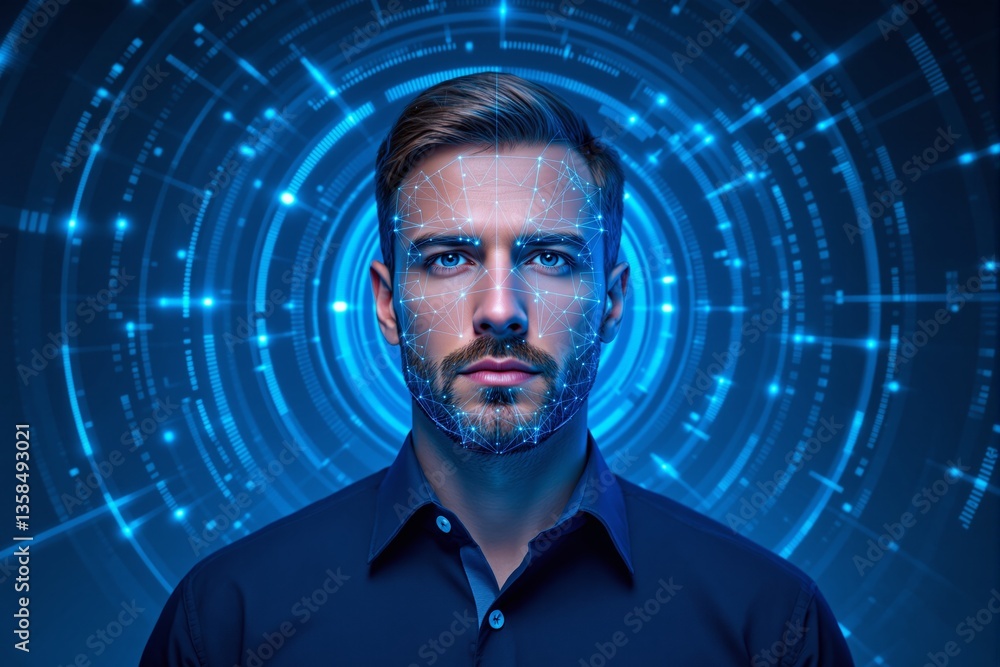 Poster futuristic facial recognition technology concept with a man's face scanned by digital biometric inte